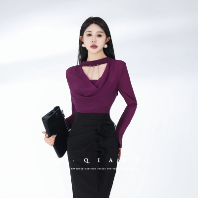 时尚荡领亮钻针织衫长袖上衣