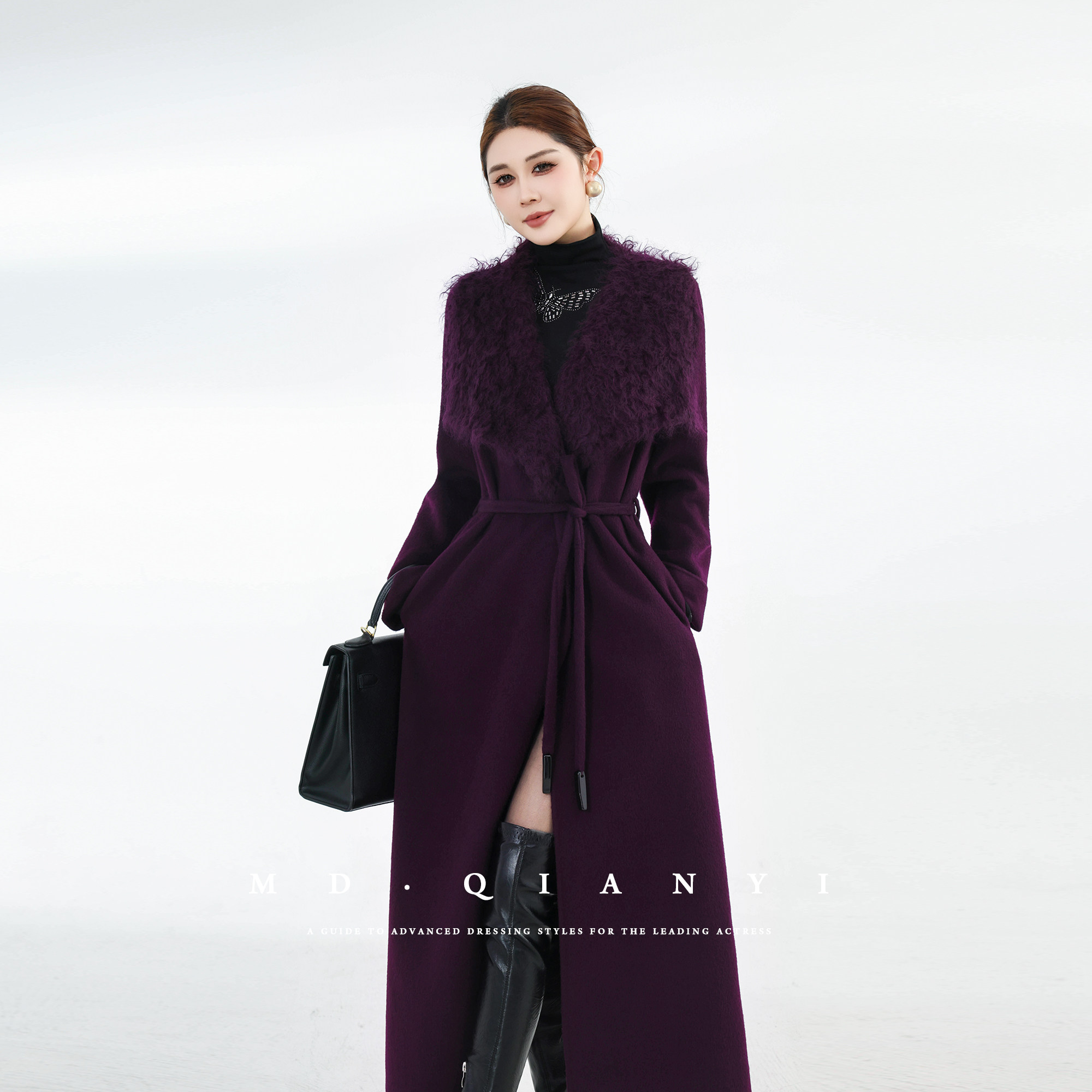 MD千亿【潮流前线】2025羊毛大衣外套冬季系带厚款气质保暖拼接