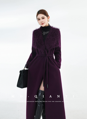 MD千亿【潮流前线】2025羊毛大衣外套冬季系带厚款气质保暖拼接