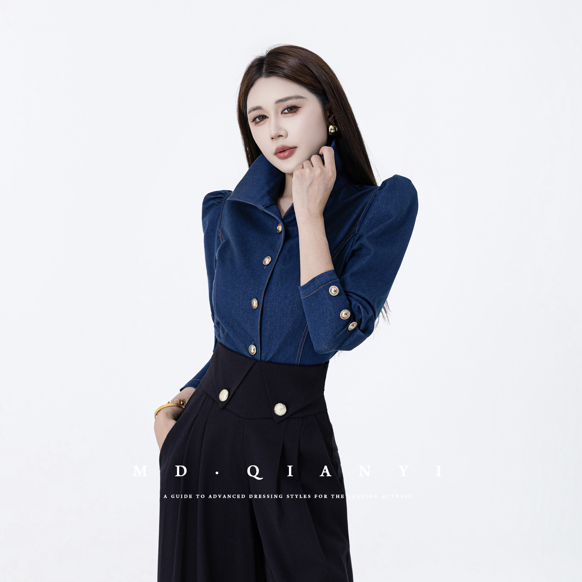 MD千亿美式复古牛仔蓝衬衫秋季设计感百搭时尚休闲翻领长袖上衣女