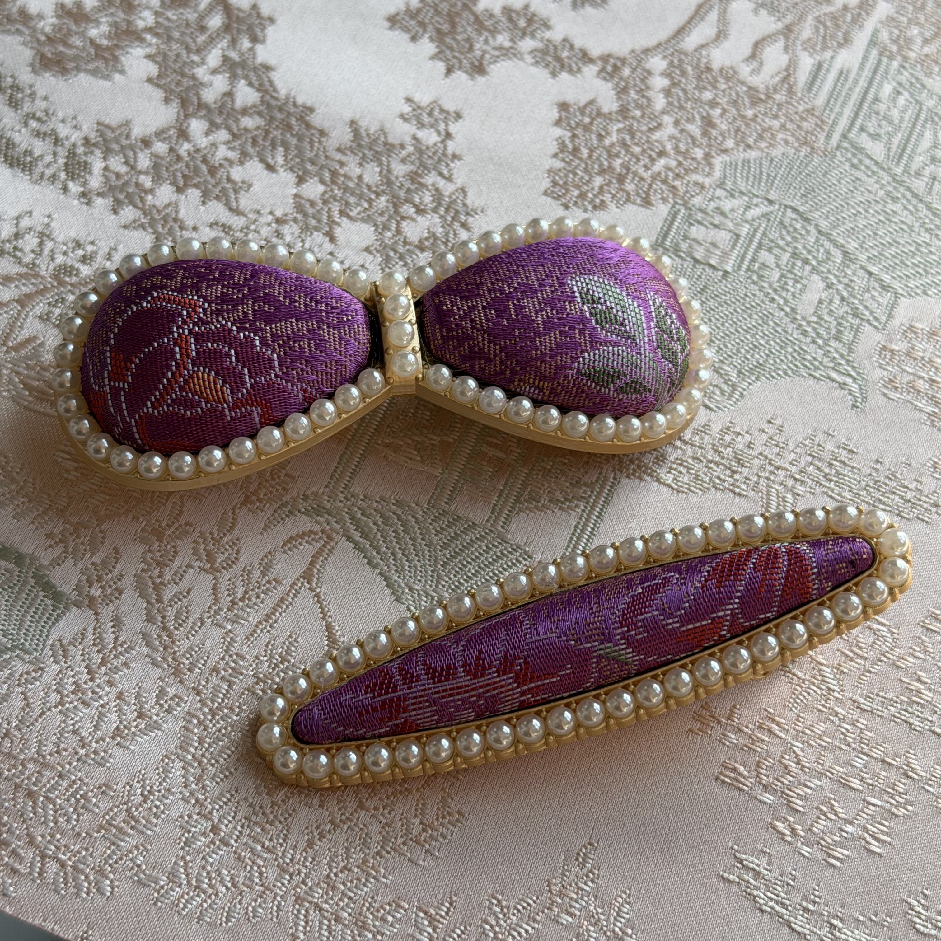 手作宋锦夹紫红云纹珍珠发夹边夹发饰孤品