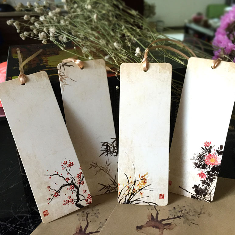 中国风古风梅兰竹菊花纹空白DIY书签 带孔吊牌许愿卡心意卡 礼物