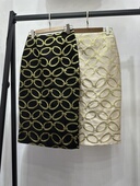 春秋金色锁扣链式 提花包臀中长半身裙