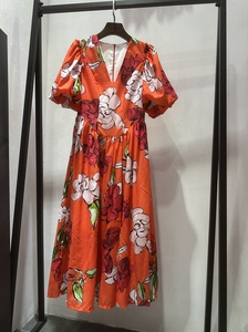 夏季印花V领泡泡袖修身中长款连衣裙