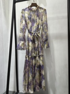 春夏印花长袖 连衣裙 宽松板腰带收腰长款