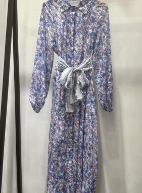 春秋蓝色印花收腰中长连衣裙