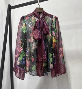 雪纺纱印花前打蝴蝶结飘带宽松版 衬衣 长袖