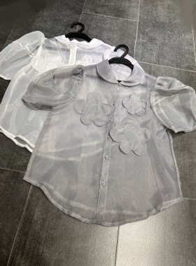 夏季欧根纱立体贴花泡泡短袖衬衣