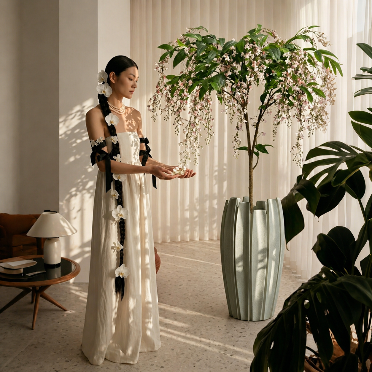 高级仿真绿植室内仿生植物垂丝茉莉花高端轻奢落地盆栽假树摆件