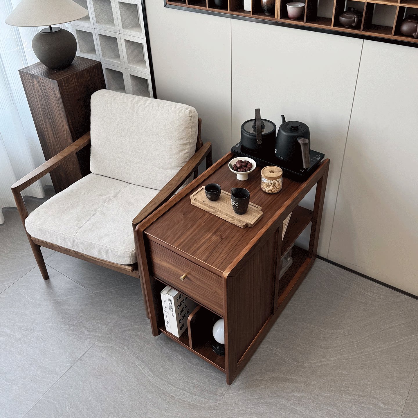 实木北欧边几沙发储物扶手柜移动茶台功夫茶桌小户型带抽屉角几