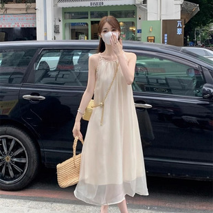 法式 甜美雪纺过膝挂脖长 温柔风气质吊带连衣裙夏季 2024年新款