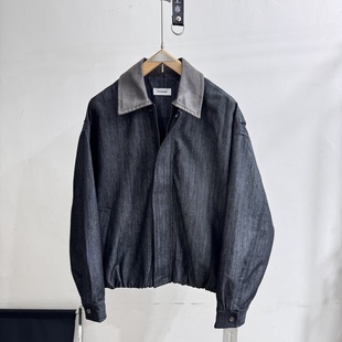 dafee26ss复古拼接皮领牛仔外套男痞帅工装丹宁夹克春秋百搭