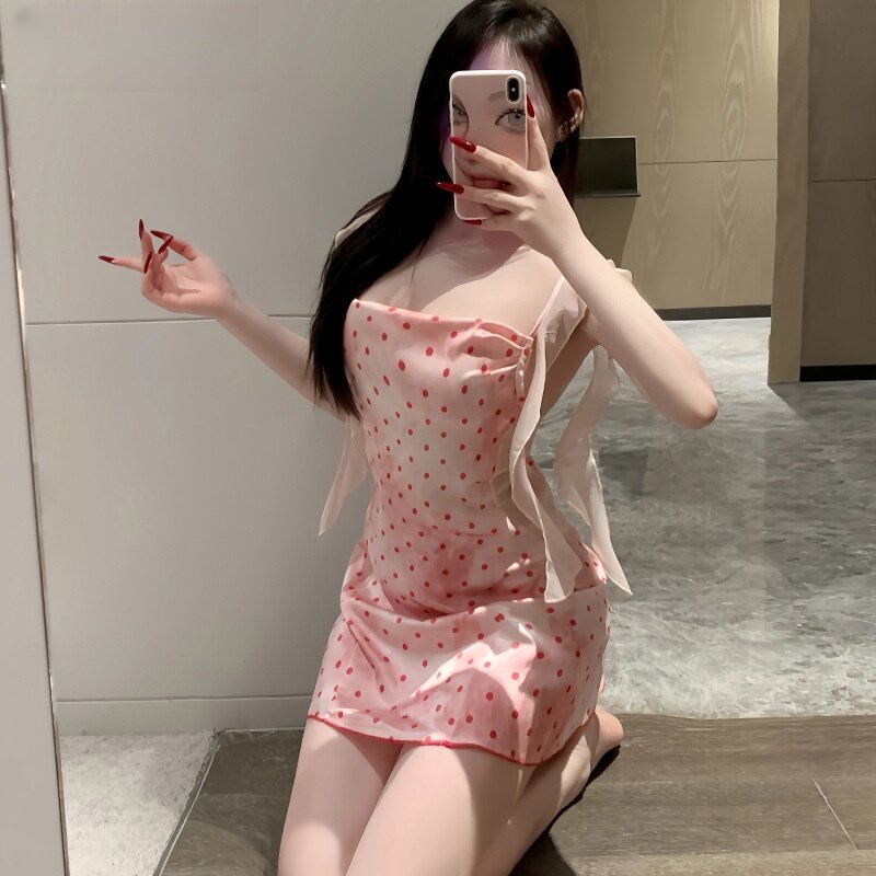 萌洛姬甜美风粉色圆点吊带睡裙女夏季一字领带胸垫性感睡衣