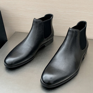 男士真皮切尔西短靴柔软小牛皮打造做工精致时尚松紧带易穿脱百搭