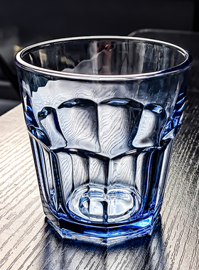必胜客同款杯子玻璃杯蓝色水杯高颜值八角酒杯透明漱口家用耐高温