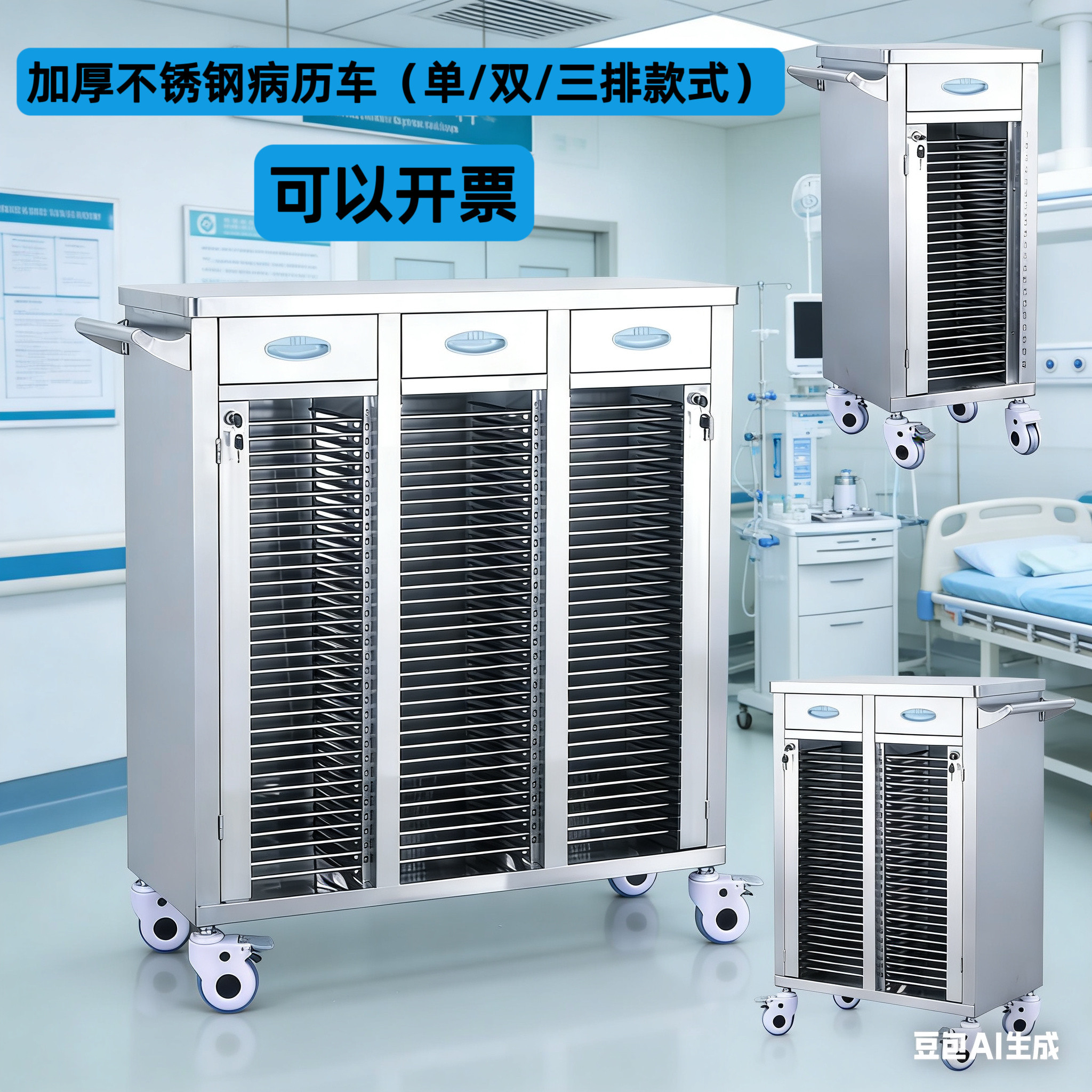 医用不锈钢病历车医院A4病历夹推车病理治疗车收纳文件档案柜带轮