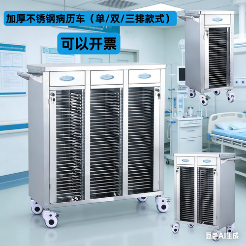 医用不锈钢病历车医院A4病历夹推车病理治疗车收纳文件档案柜带轮