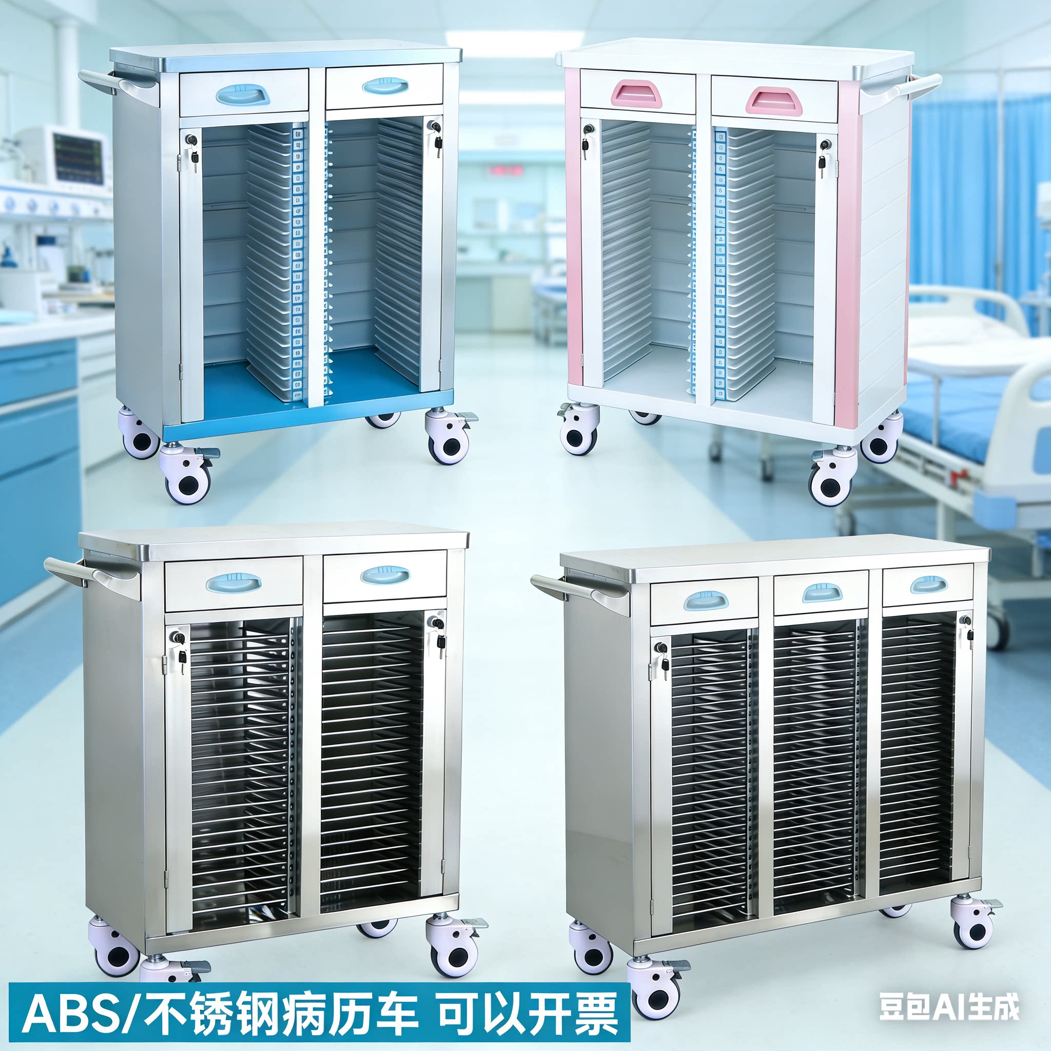 医用病历车不锈钢档案柜A4纸病历病理治疗车病历架ABS塑料病例车