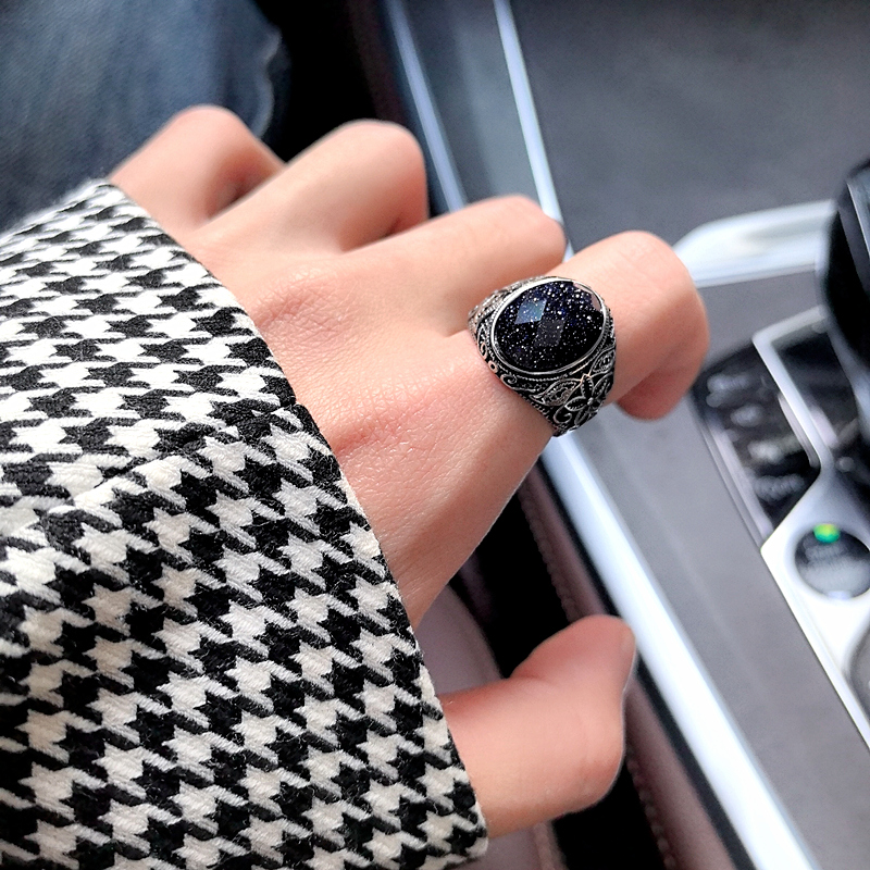 个性复古雕花黑宝石戒指男士