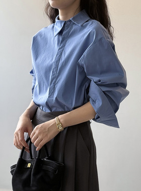 言双 感斜门襟长袖衬衫女秋季慵懒风宽松设计感小众上衣82608
