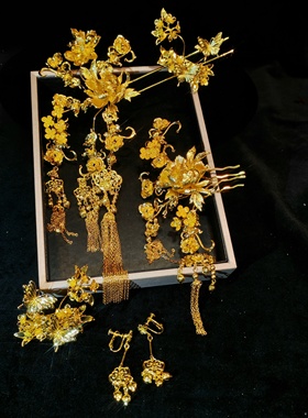 金色龙凤褂配饰步摇发簪发钗秀禾头饰婚礼跟妆配饰褂后发饰12413