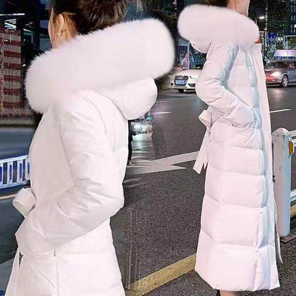 女士中长款羽绒服收腰外套2024冬季新款加厚连帽羽绒服白鸭绒保暖