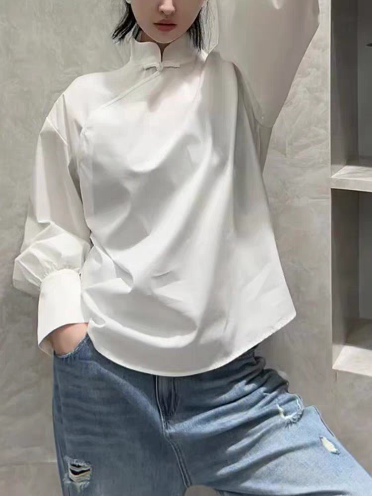 新中式国风立领盘扣长袖宽松衬衫上衣打底衫女设计感小众洋气小衫