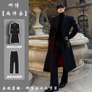 黑色红底长款 韩系英伦风垫肩大衣克苏鲁文职dk西服外套 风衣男套装