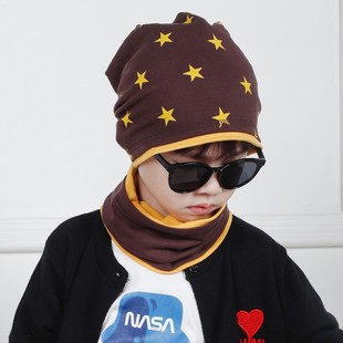 儿童套头帽薄款春秋女孩宝宝纯棉布包头冬加绒堆堆帽子围脖两件套