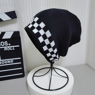 时尚棋盘格大童冬天套头帽子加厚保暖不捂汗骑车户外滑雪冰帽子潮