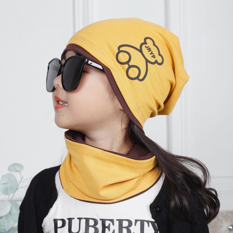 原创设计款大童堆堆帽子男女孩套头帽包头纯棉春秋薄款围脖两件套