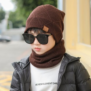 男大童冬天帽子帅气皮标学生滑冰帽骑车户外加绒套头帽围脖两件套