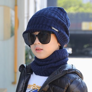 学生套帽加绒加厚男孩冬天帽围脖滑雪冰帽毛线针织堆堆护耳套头帽