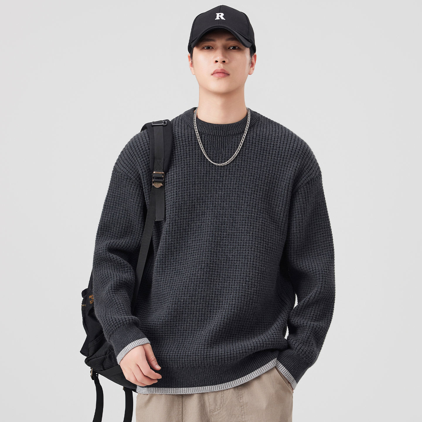 XZ秋冬新款圆领套头针织衫男士日系复古百搭休闲潮流毛衣外套情侣