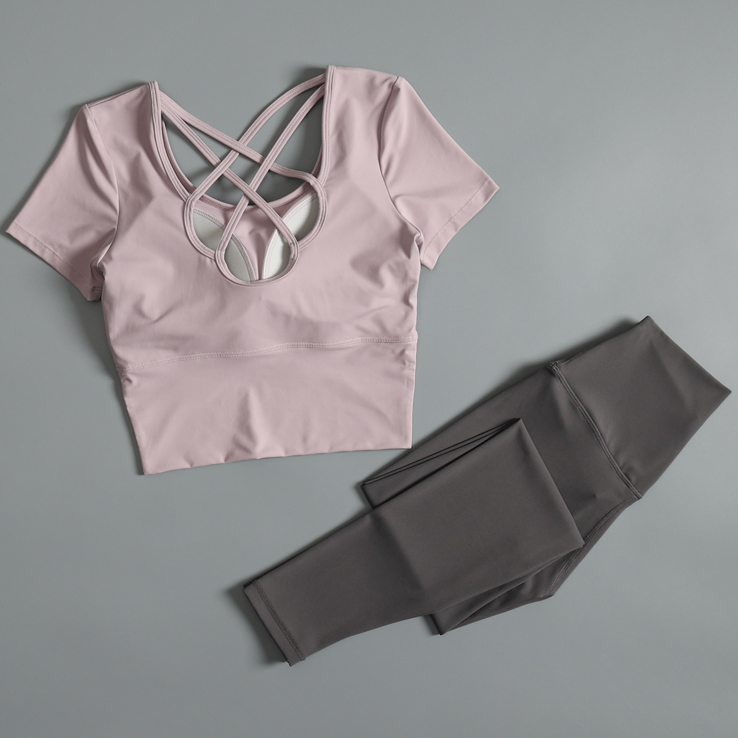 瑜伽服女2025新款短袖普拉提训练服套装绝美健身服带胸垫运动上衣,运动服/休闲服装,运动套装,淘宝优惠券,粉丝福利购,淘宝优惠卷