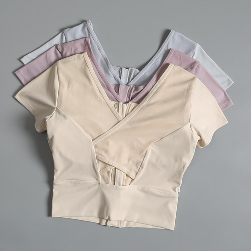 瑜伽服短袖女一体式胸垫美背上衣