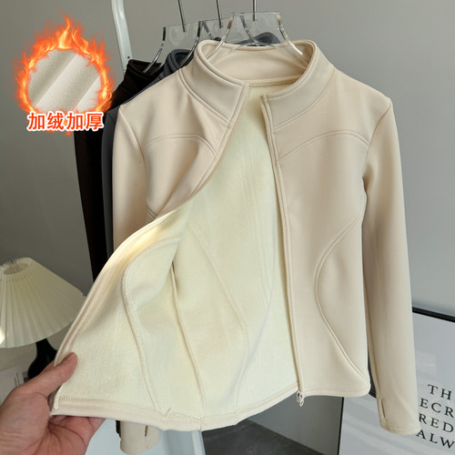 加绒秋冬瑜伽上衣女运动外套修身立领夹克拉链开衫跑步训练健身服