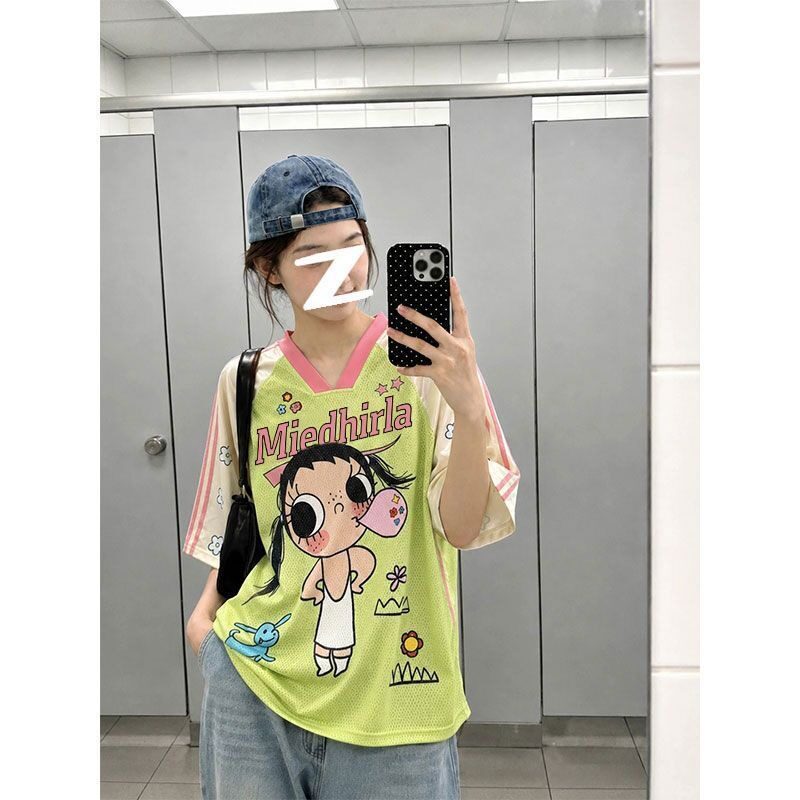夏季速干网眼V领宽松短袖T恤女