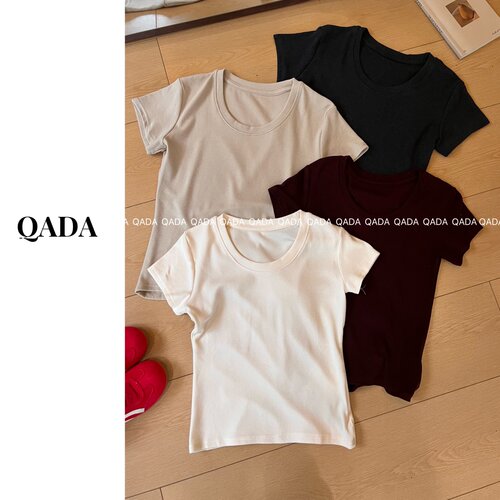 Q34极简风U领短袖T恤女正肩夏季修身显瘦高弹力小衫打底衫上衣