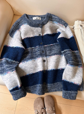 J74设计感渐变色针织开衫女秋冬季韩系软糯毛衣外套羊毛百搭上衣