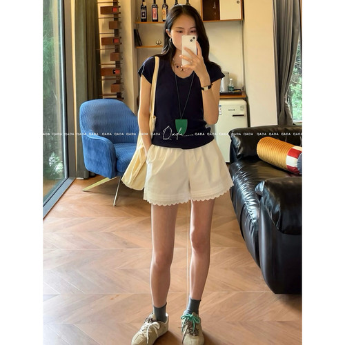 捡漏28件。甜美蕾丝短裤女外穿热裤F21 夏季松紧腰显瘦阔腿三分裤