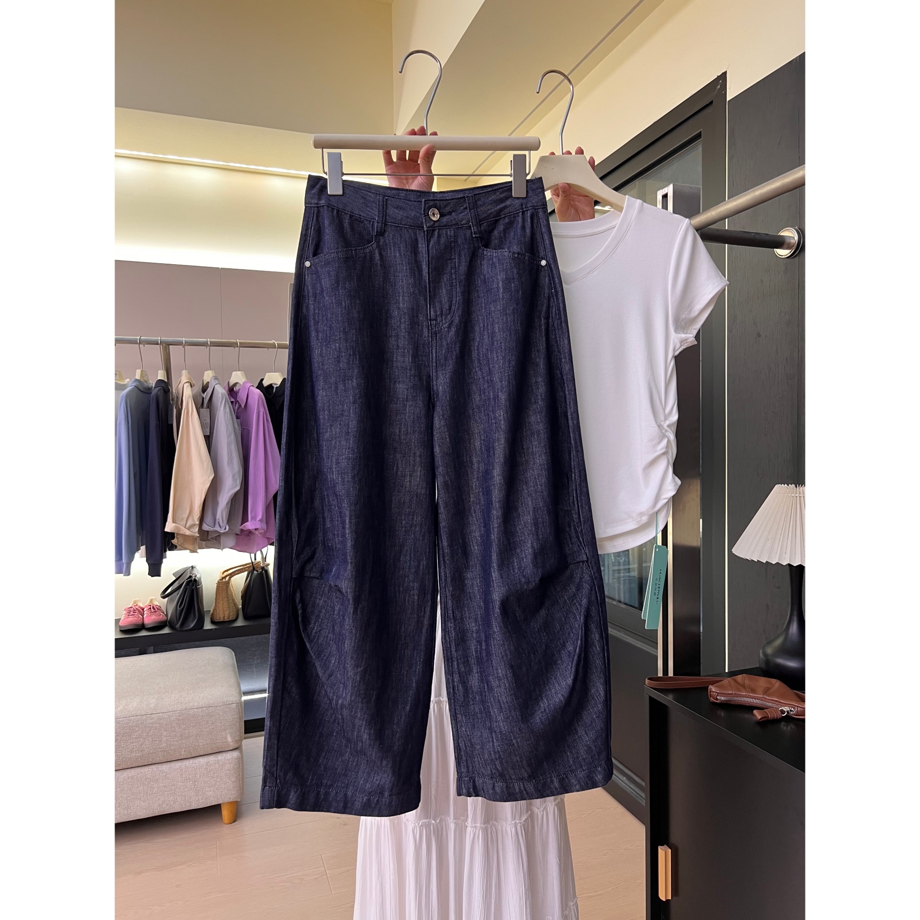 【莱赛尔】Q92普洗蓝牛仔裤女2025秋捏褶立体高腰显瘦九分阔腿裤