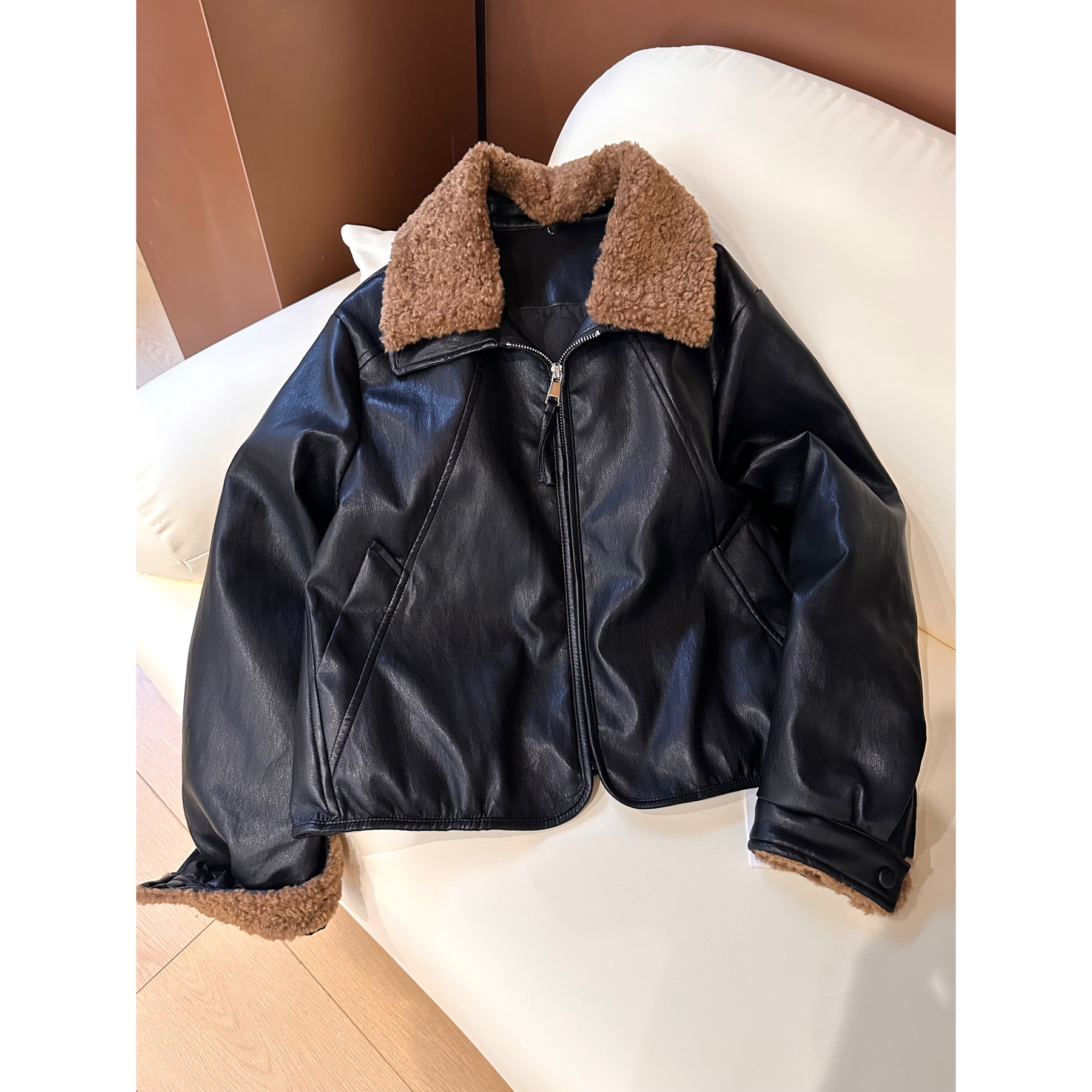 【高品】J39夹棉黑色皮衣女冬季毛领加厚保暖机车服PU皮夹克外套