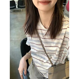egg韩系复古撞色条纹A33圆领短袖T恤女软糯棉感宽松百搭休闲上衣