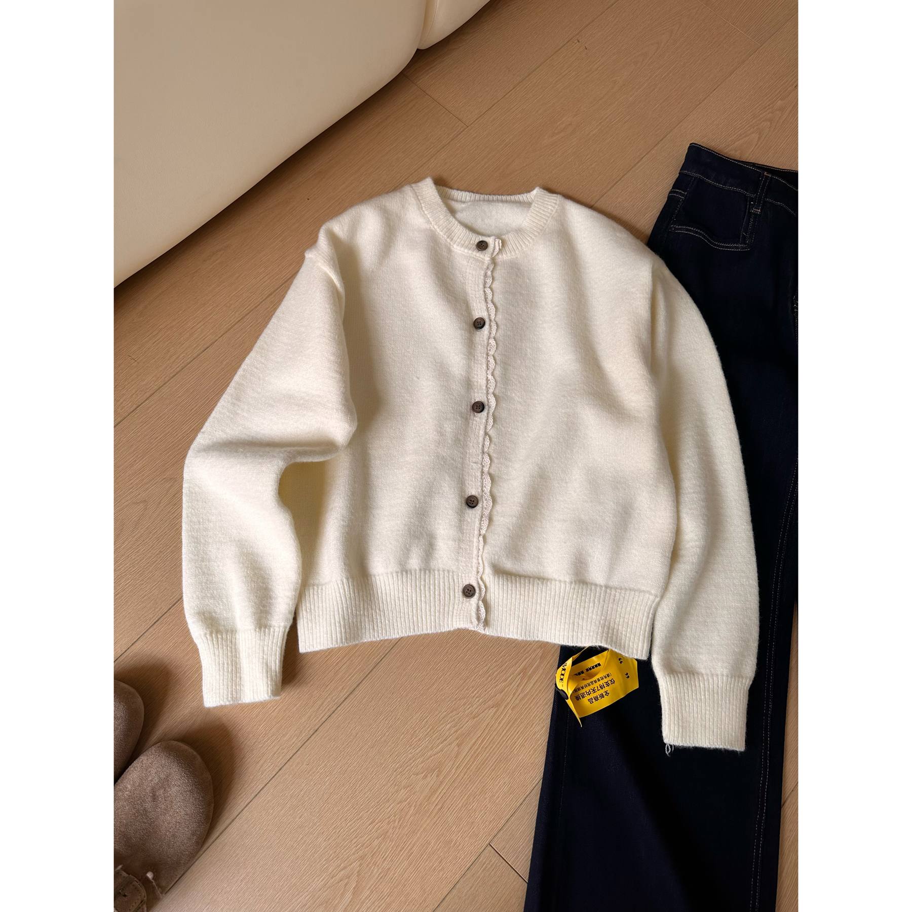 【原单】A55蕾丝拼接针织开衫女秋冬季日系甜美百搭毛衣外套