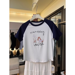 新款 J93美式 夏季 插肩短袖 卡通印花圆领宽松百搭撞色上衣 T恤女薄款