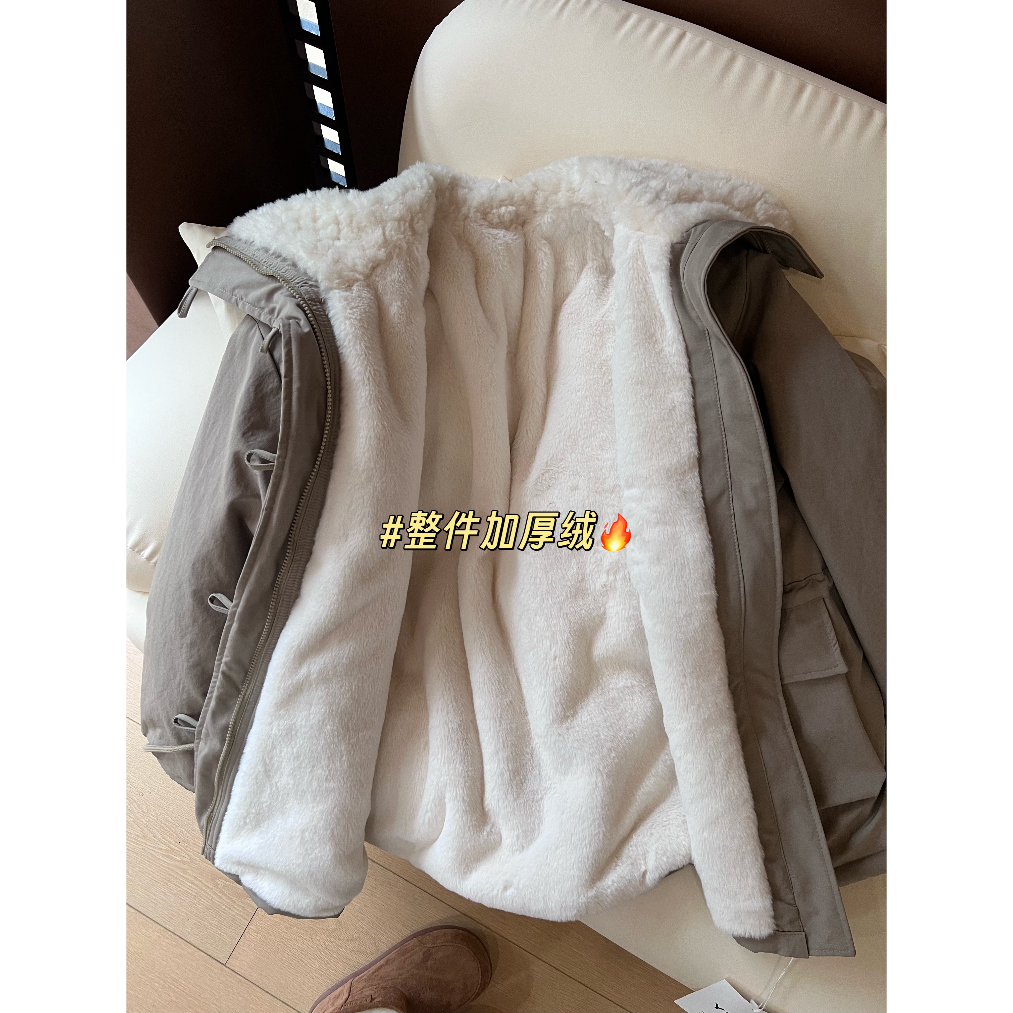 【厚绒】J55翻领牛角扣派克服女冬季环保毛棉服保暖宽松工装外套