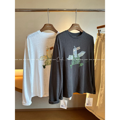 童趣！韩系长袖T恤女宽松慵懒风Q37 早秋微透竹节棉打底衫上衣