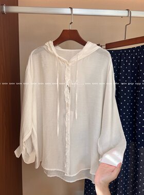 F21韩系连帽木耳边长袖衬衫女夏季宽松显瘦轻薄款防晒衫百搭上衣