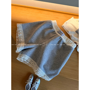 露思同款。A14蕾丝拼接短裤女阔腿热裤夏季松紧腰宽松三分裤卫裤